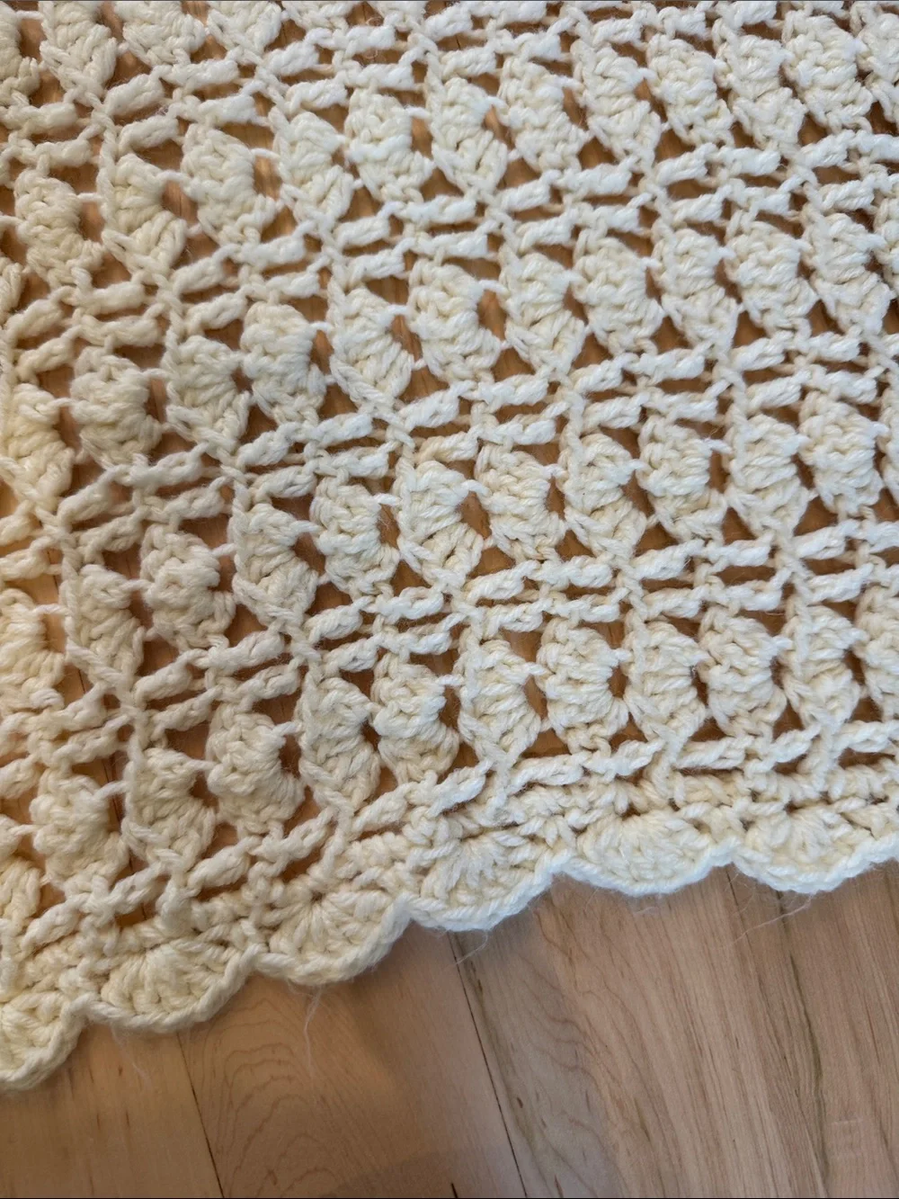 Handmade cream-colored crochet blanket delicate lacy stitch pattern-Vintage